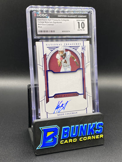 2024 Keon Coleman Blue College Materials Sig. 26/49 Rc CGC 10/10
