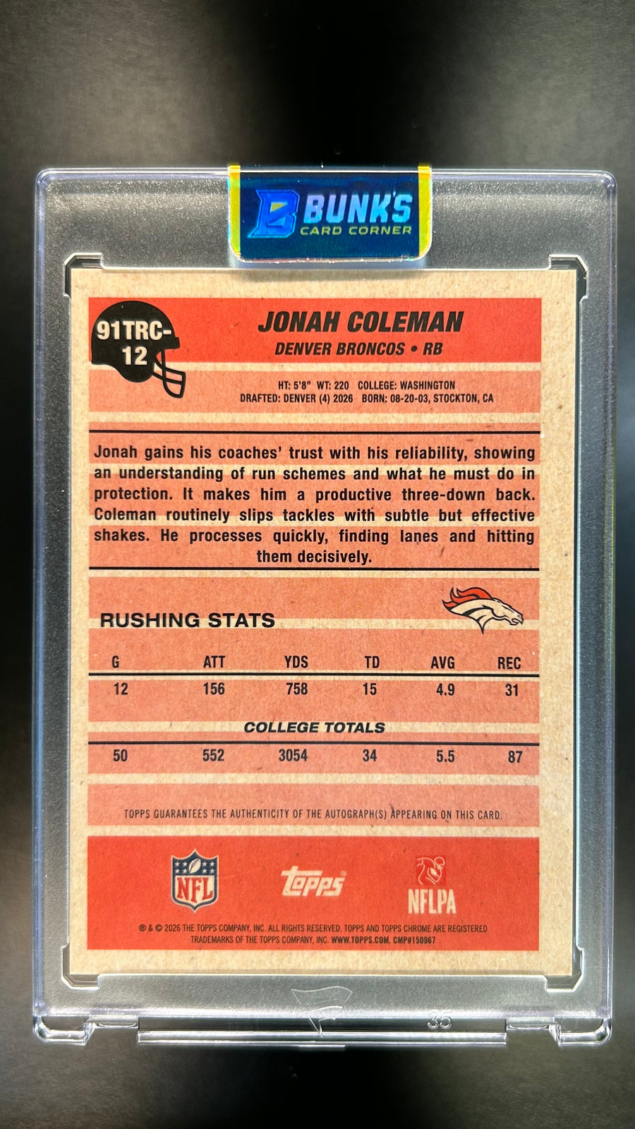 2026 Jonah Coleman Topps Chrome Gold Mojo Rc Auto 15/50