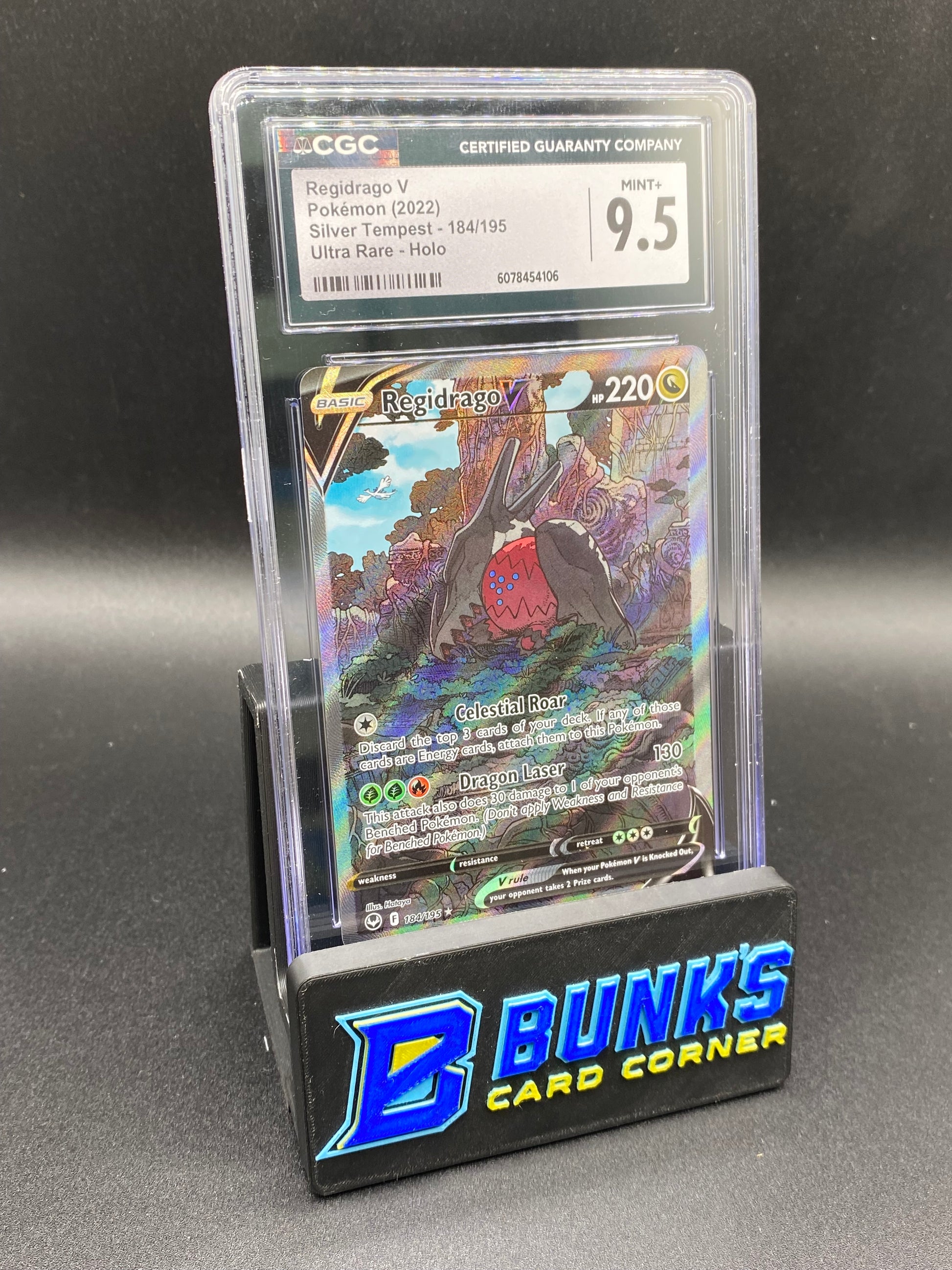 Trading card in protective packaging with a grading label on a black background