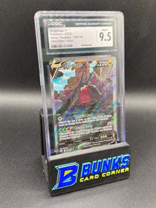 Trading card in protective packaging with a grading label on a black background