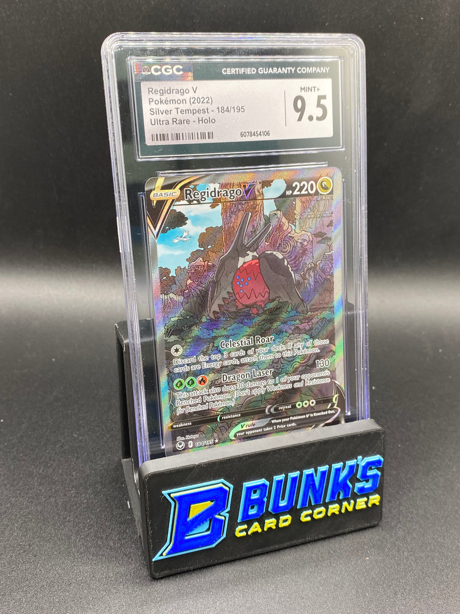 Trading card in protective packaging with a grading label on a black background