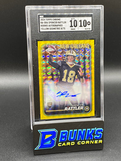 2024 Spencer Rattler Rookie Auto. Yellow Geometric RC SGC 10/10 (Box B47)