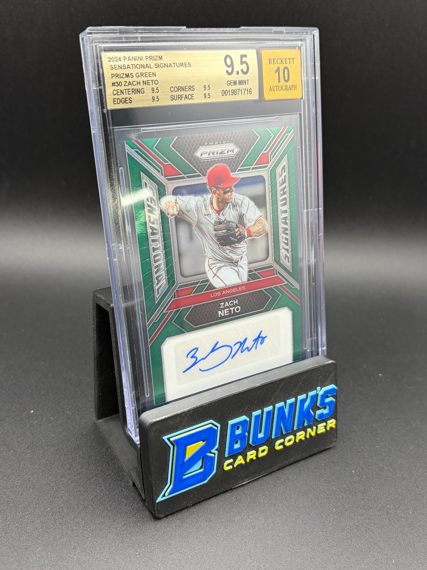 2024 Zach Neto Prizms Green Sensational Signatures Beckett 9.5 Auto 10