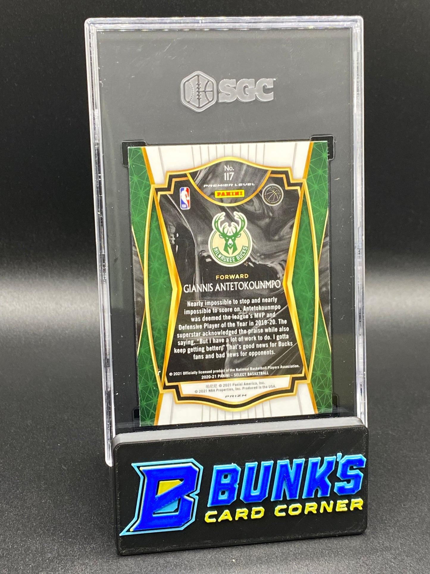 2020-21 Giannis Antetokounmpo Red/White/Orange Shimmer Prizm SGC 10 (Box B59)
