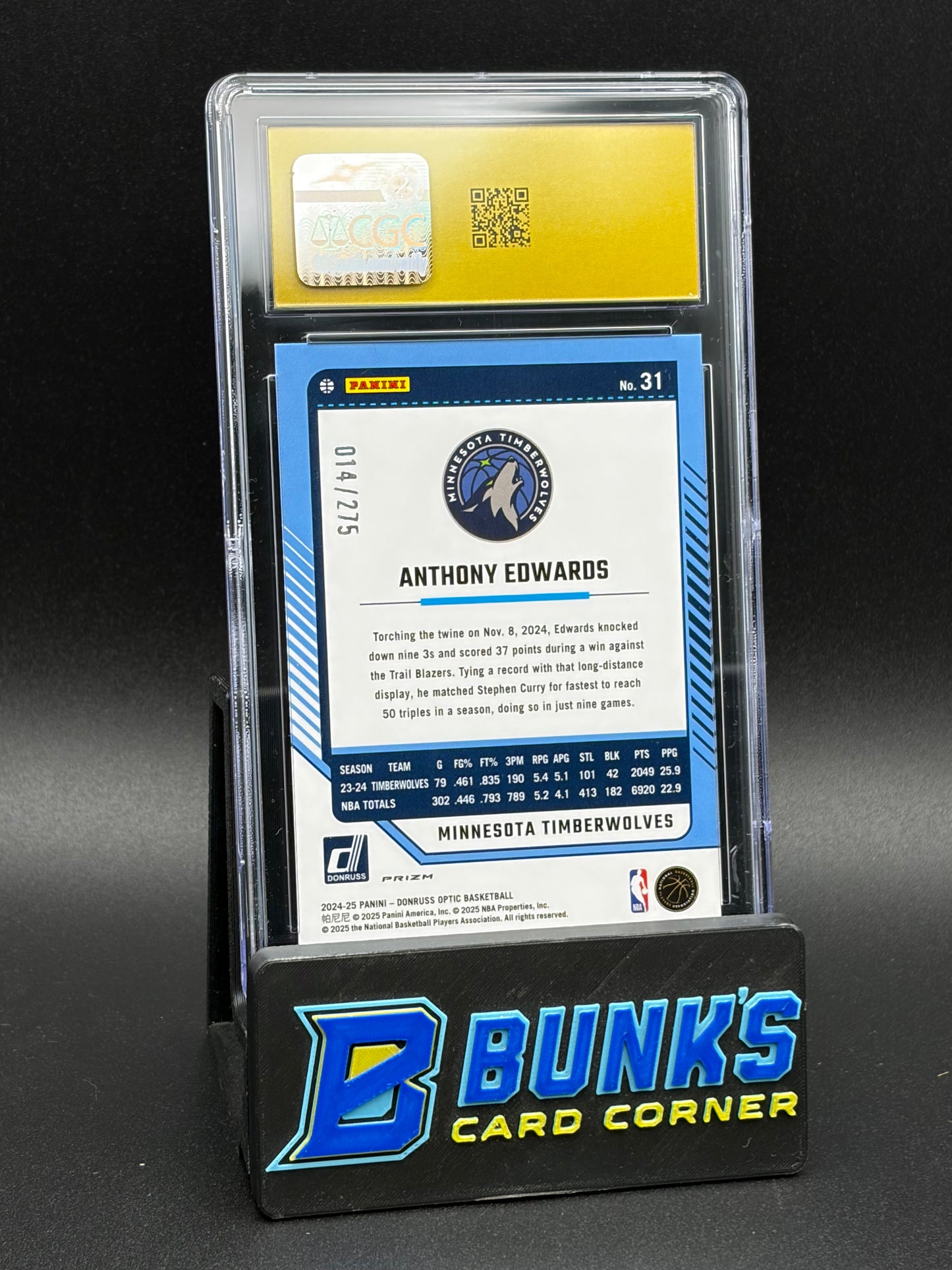 2024-25 Anthony Edwards Pink Glitter Donruss Optic CGC Pristine 10 14/275
