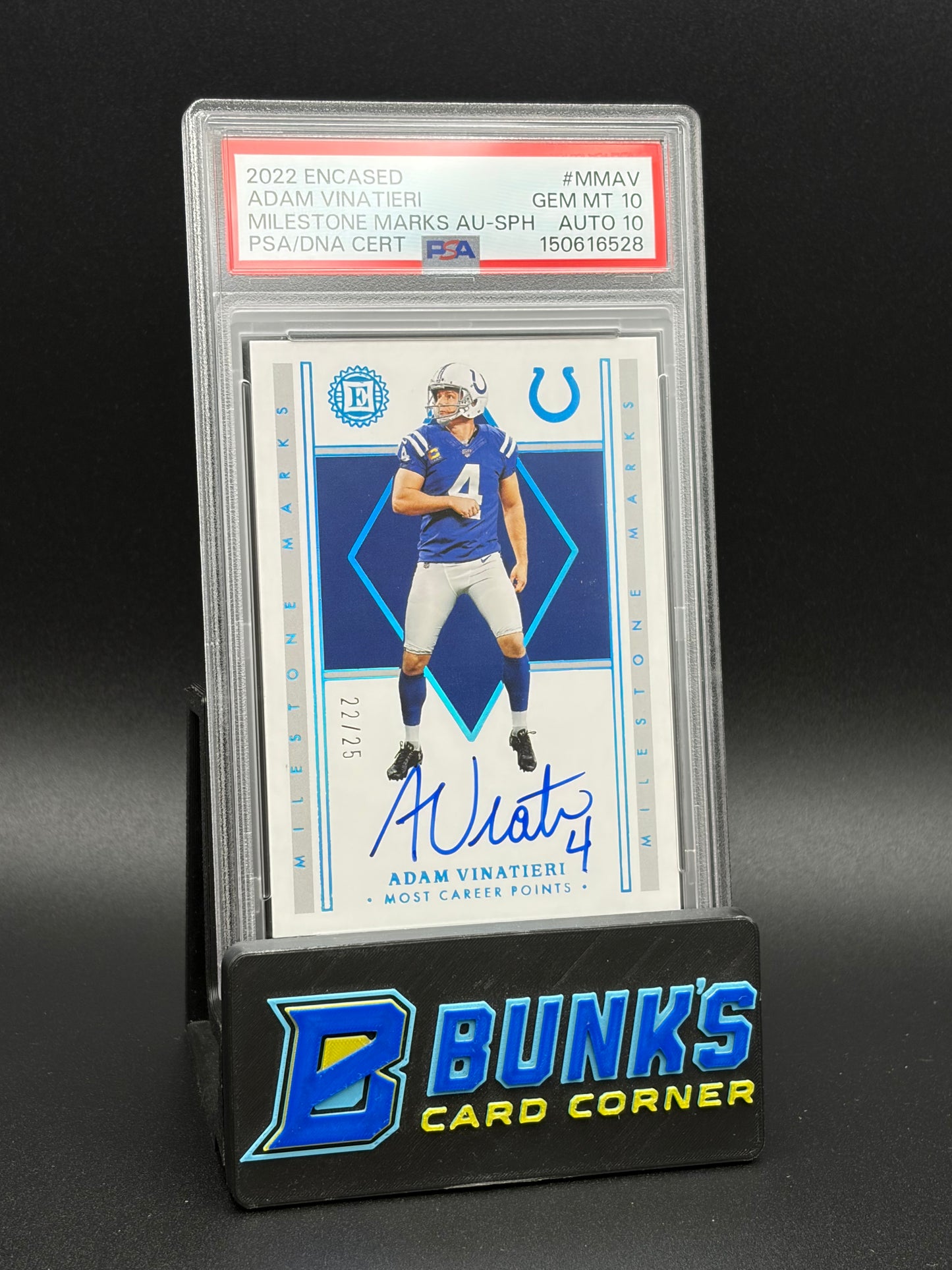 2022 Adam Vinatieri Milestone Marks AU Encased PSA 10 Auto 10 22/25