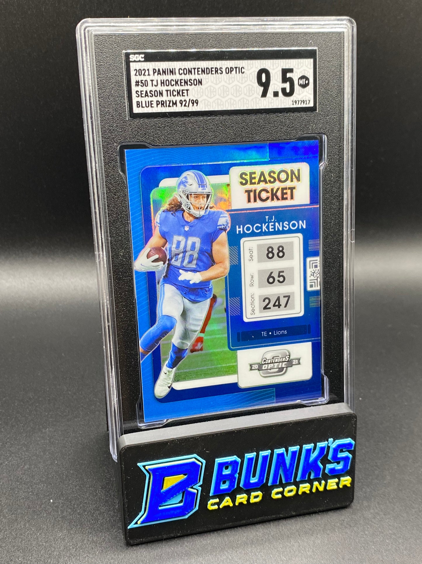 2021 TJ Hockenson Season Ticket Blue Prizm 92/99 SGC 9.5