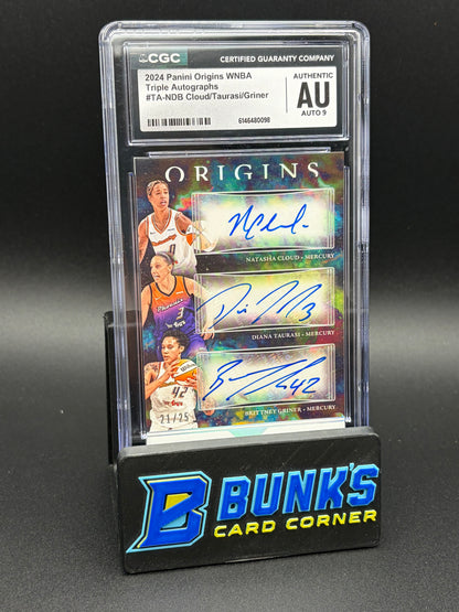 2024 Natasha Cloud & Diana Taurasi & Brittney Griner Triple Auto Panini Origins CGC AU Auto 9