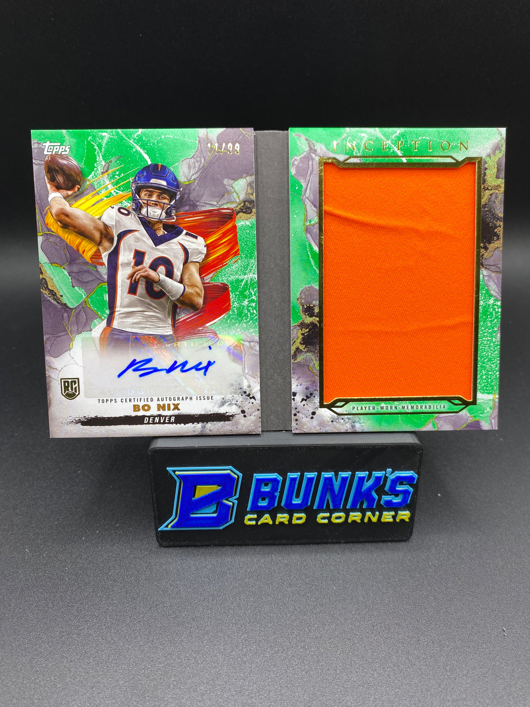 2024 Bo Nix Inception Gensis Auto. Relic Book Card Green 11/99