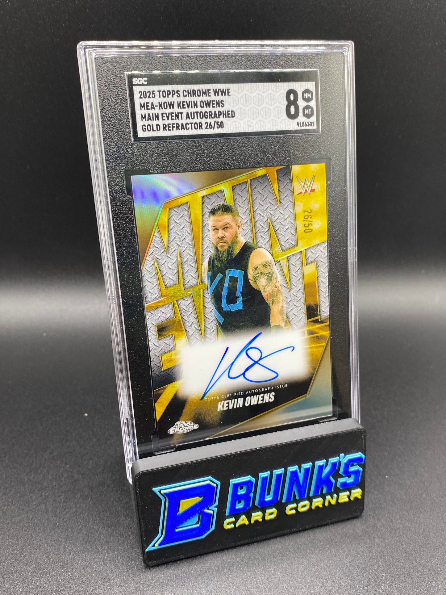 2025 Kevin Owens Main Event Auto. Gold Ref. 26/50 SGC 8