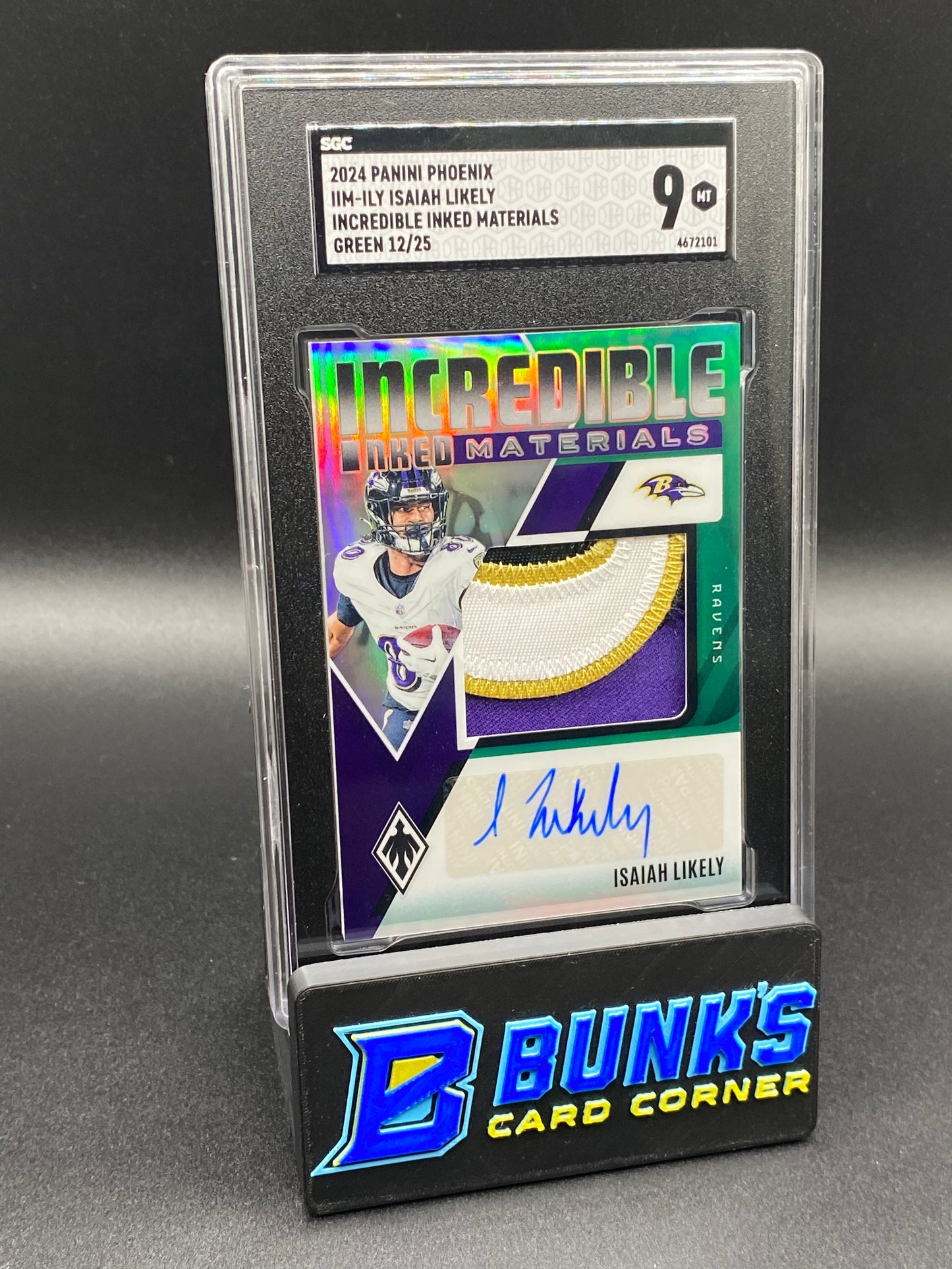 2024 Isaiah Likely Incredible Inked Materials Green 12/25 SGC 9
