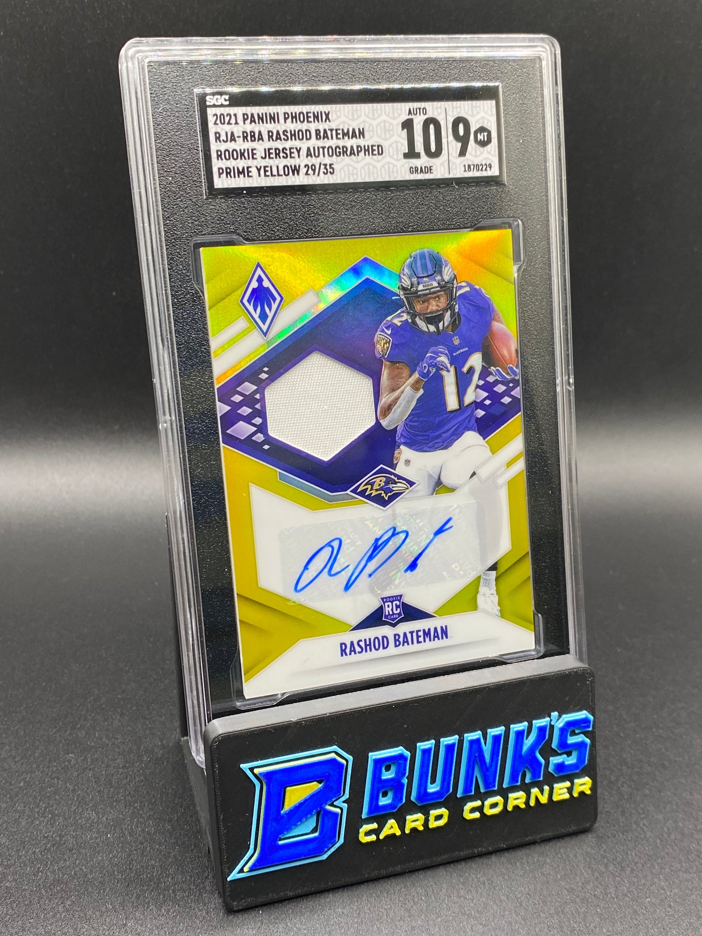 2021 Rashod Bateman Rookie Jersey Auto Prime yellow 29/35 SGC 10/9