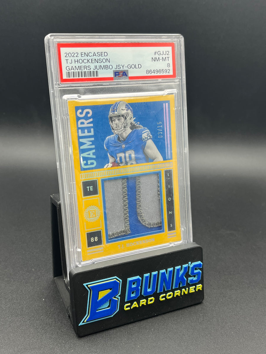 2022 TJ Hockenson Gamers Jumbo JSY-Gold PSA 8 3/15