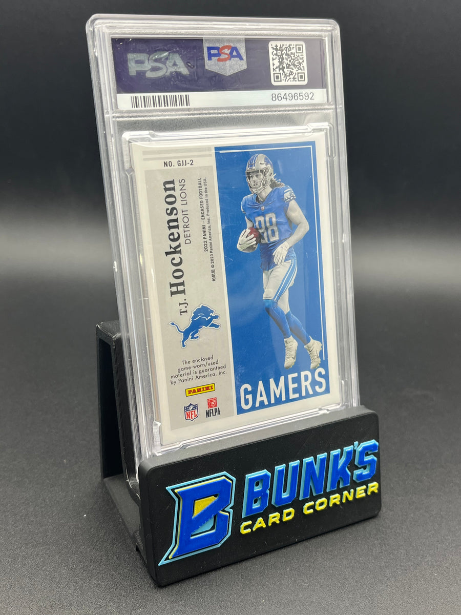2022 TJ Hockenson Gamers Jumbo JSY-Gold PSA 8 3/15