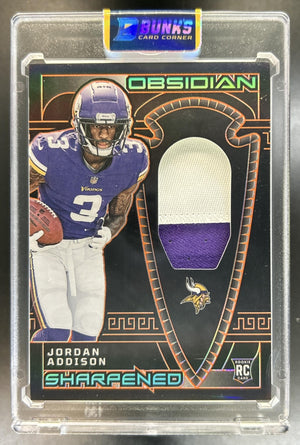 Jordan Addison 2023 Panini Obsidian #SSW-JAD Sharpened Swatches Electric Etch Orange 23/49 MEM RC Vikings