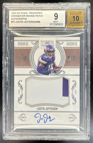 Justin Jefferson 2020 Panini National Treasures #CRS-JUJ Crossover Rookie Patch Auto MEM RC Vikings BGS 9/10