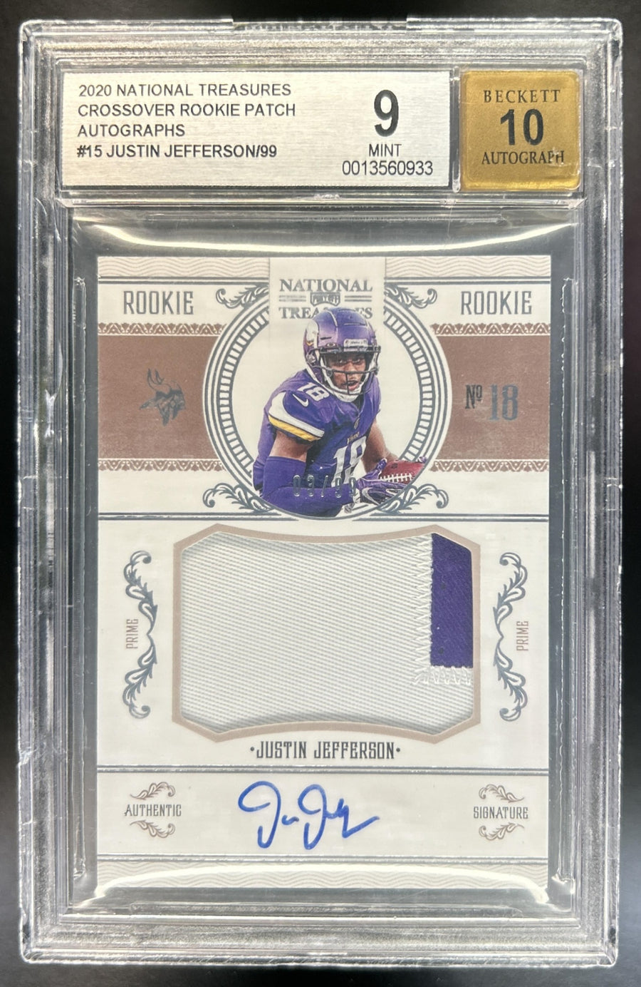 Justin Jefferson 2020 Panini National Treasures #CRS-JUJ Crossover Rookie Patch Auto MEM RC Vikings BGS 9/10