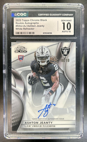 Ashton Jeanty 2025 Topps Chrome Black #RAU-AJ Rookie Auto White Refractor 10/10 Book-EndRC Raiders CGC