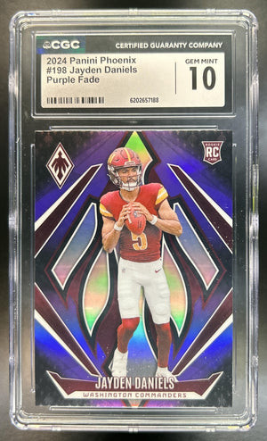 Jayden Daniels 2024 Panini Phoenix #198 Purple Fade RC Commanders CGC 10