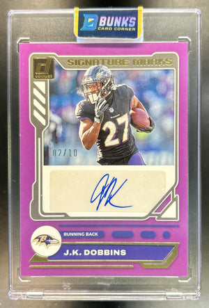 J.K. Dobbins 2023 Panini Donruss #SM-JKD Signature Marks Purple 2/10 Auto Ravens