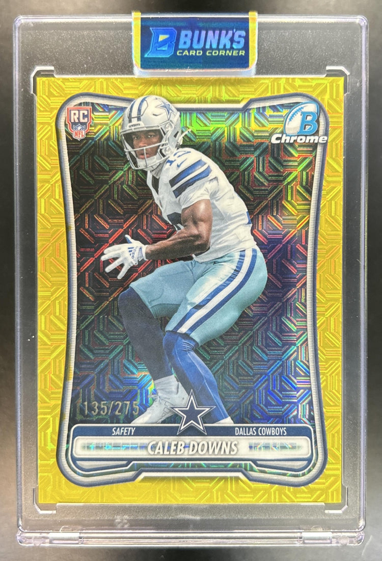 Caleb Downs 2026 Bowman #BCV-195 Chrome NFL Yellow Mojo Refractor 135/275 RC Cowboys