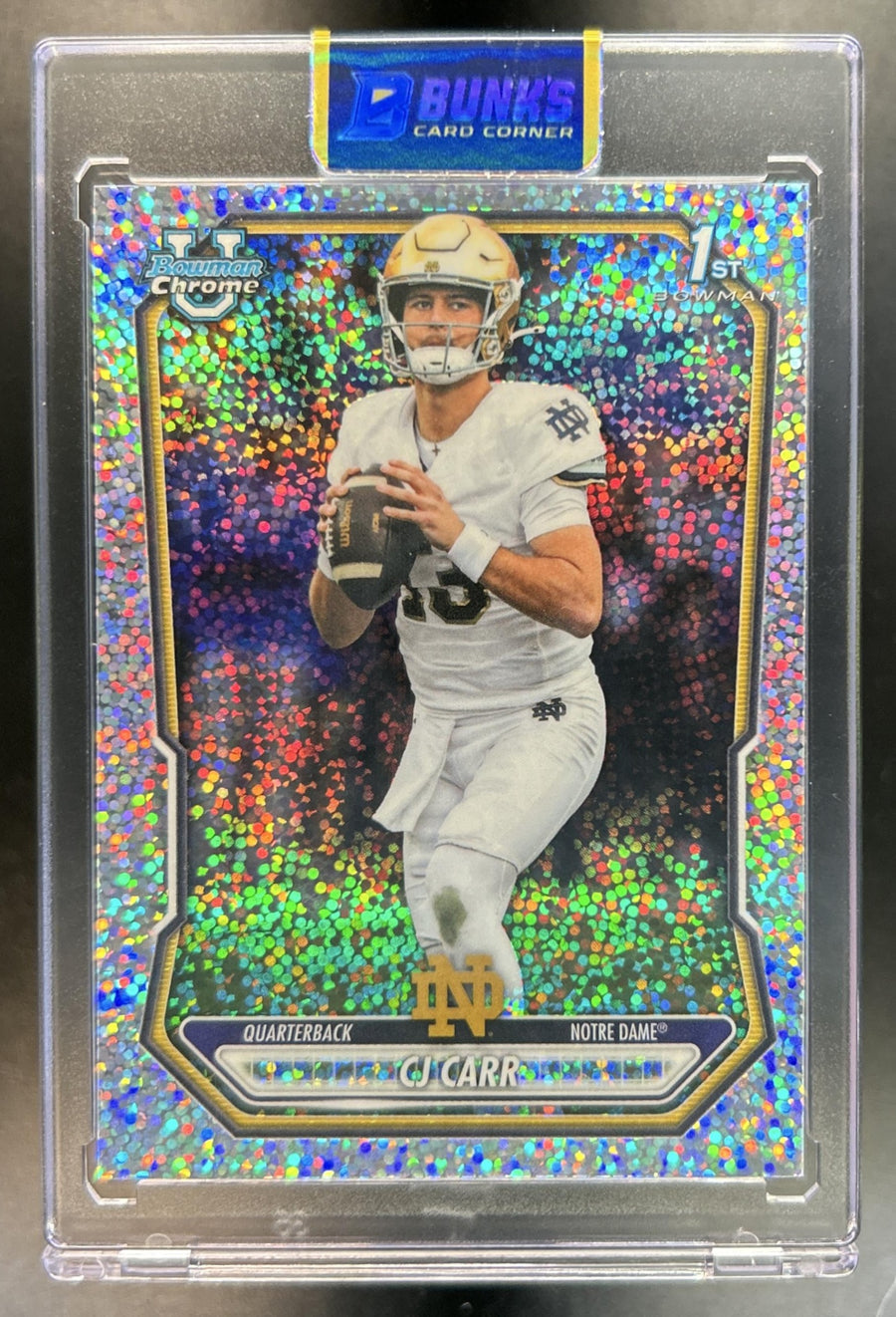 CJ Carr 2026 Bowman #BCP-110 Chrome Speckle Refractor 1st Prospect Fighting Irish