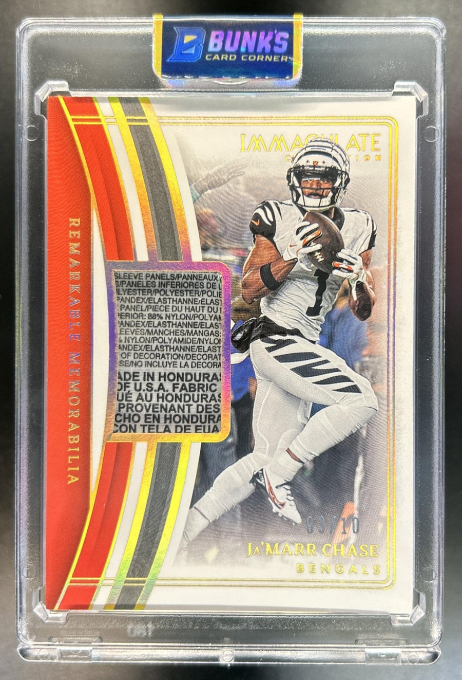Ja'Marr Chase 2023 Panini Immaculate Collection #REM-JC Remarkable Memorabilia Gold MEM 3/10 Bengals