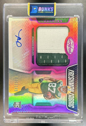 Romeo Doubs 2022 Panini Certified #234 Mirror Pink 35/249 MEM Auto RC Freshman Fabric Packers