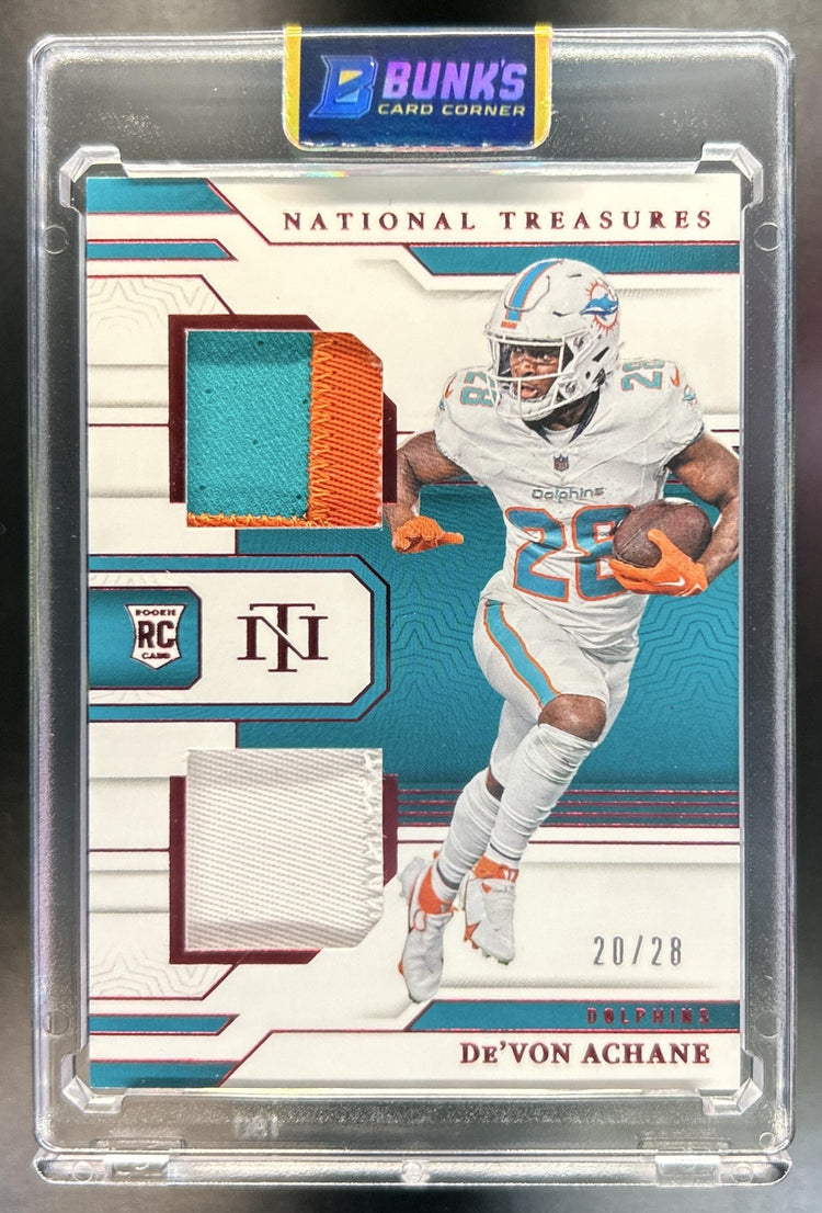 De'Von Achane 2023 Panini National Treasures #RDM-DAE Rookie Dual Materials Jersey Number Red 20/28 MEM Dolphins