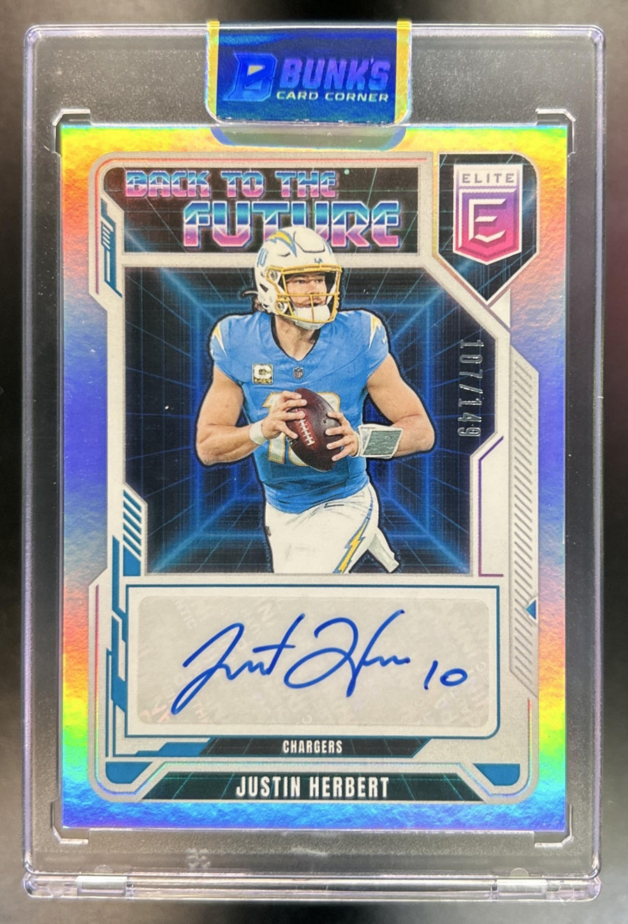 Justin Herbert 2025 Panini Donruss Elite #BFS-JHT Back to the Future Signatures 107/149 Auto Chargers