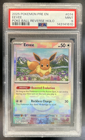 Eevee Prismatic Evolutions #074/131 Reverse Holo Poke Ball PSA 9