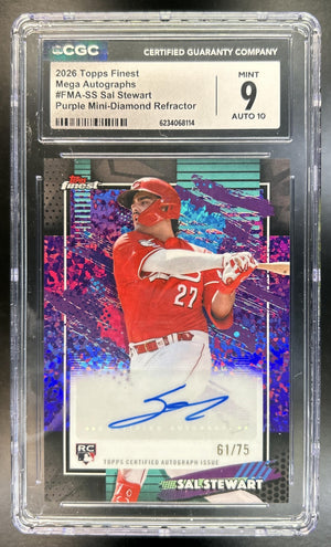 Sal Stewart 2026 Topps Finest #FMA-SS Mega Auto Purple Mini-Diamond Refractor 61/175 RC Reds CGC 9