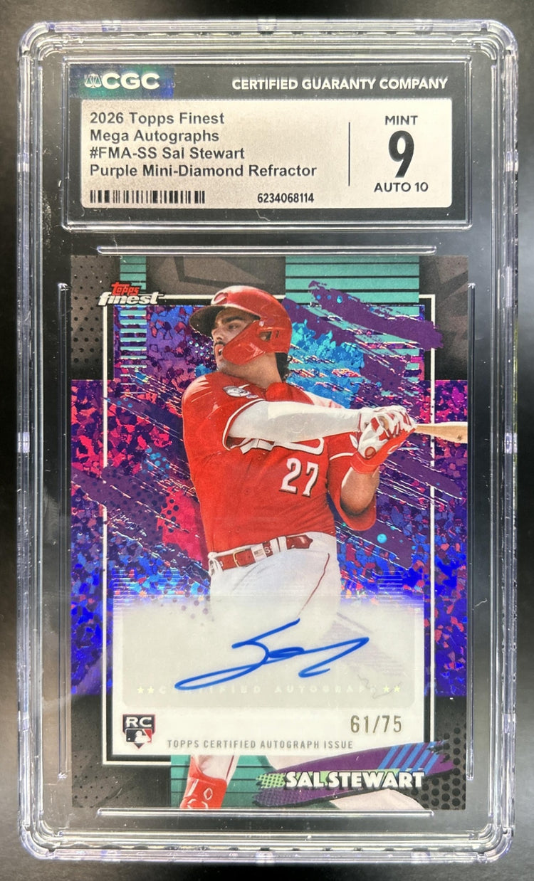 Sal Stewart 2026 Topps Finest #FMA-SS Mega Auto Purple Mini-Diamond Refractor 61/175 RC Reds CGC 9