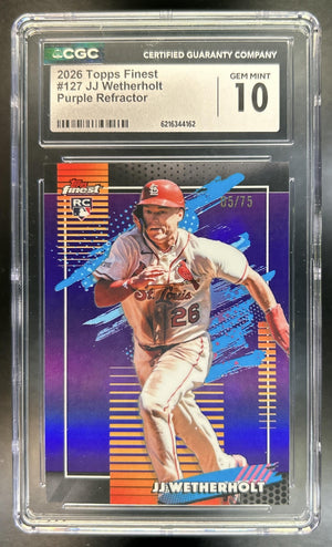 JJ Wetherholt 2026 Topps Finest #127 Uncommon Purple Refractor 5 RC Cardinals CGC 10