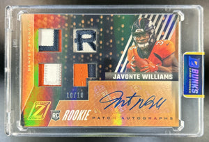 Javonte Williams 2021 Panini Zenith #105 Quad patch Auto 10/10 Rc Broncos