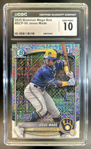 Jesus Made 2025 Bowman #BCP-50 Chrome Mega Box Refractor 1st Prospect Brewers CGC 10