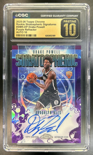 Drake Powell 2025-26 Topps Chrome #SMR-DP Rookie Stratospheric Signatures Purple Refractor 68/75 RC Auto Nets