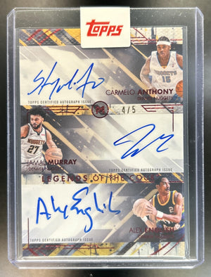 Jamal Murray Carmelo Anthony Alex English 2025-26 Topps Motif #LCTS-CJA Legends of the Court Triple Signatures Pyrrol Scarlet 4/5 Factory Sealed Auto Nuggets