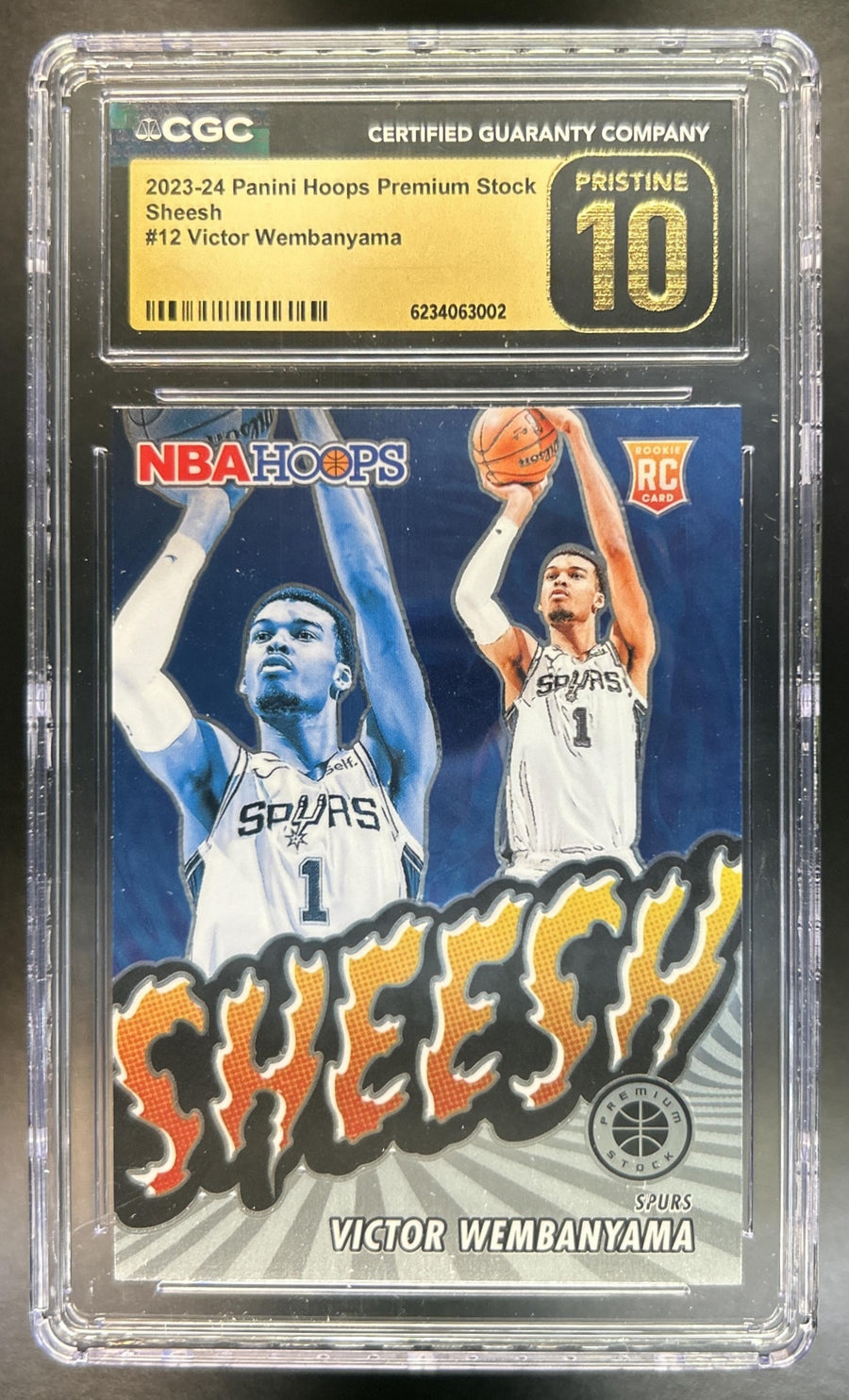 Victor Wembanyama 2023-24 Panini Hoops Premium Stock #12 Sheesh Silver Prizm RC Spurs CGC Pristine 10