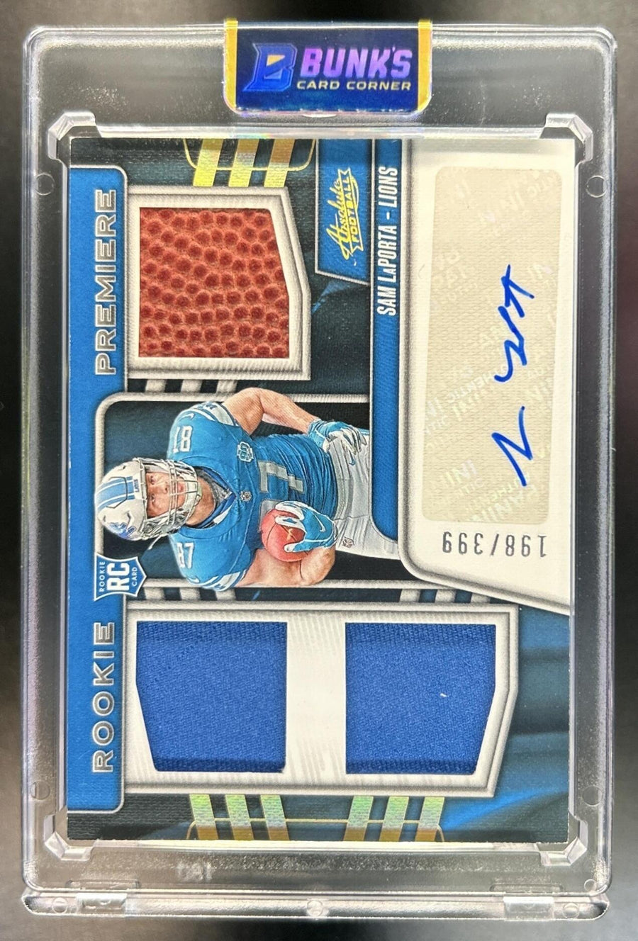 Sam LaPorta 2023 Panini Absolute #RPM-SL Rookie Premiere Materials Autos 198/399 MEM Auto RC Lions