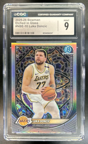 Luka Doncic 2025-26 Bowman #NBE-10 Chrome Etched In Glass Variation SP Lakers CGC 9