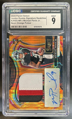 Michael Penix Jr. 2024 Panini Select #JRSS-MPJ Jumbo Rookie Signature Swatch Neon Orange Pulsar Prizm 10/35 MEM RC Auto CGC 9 Falcons