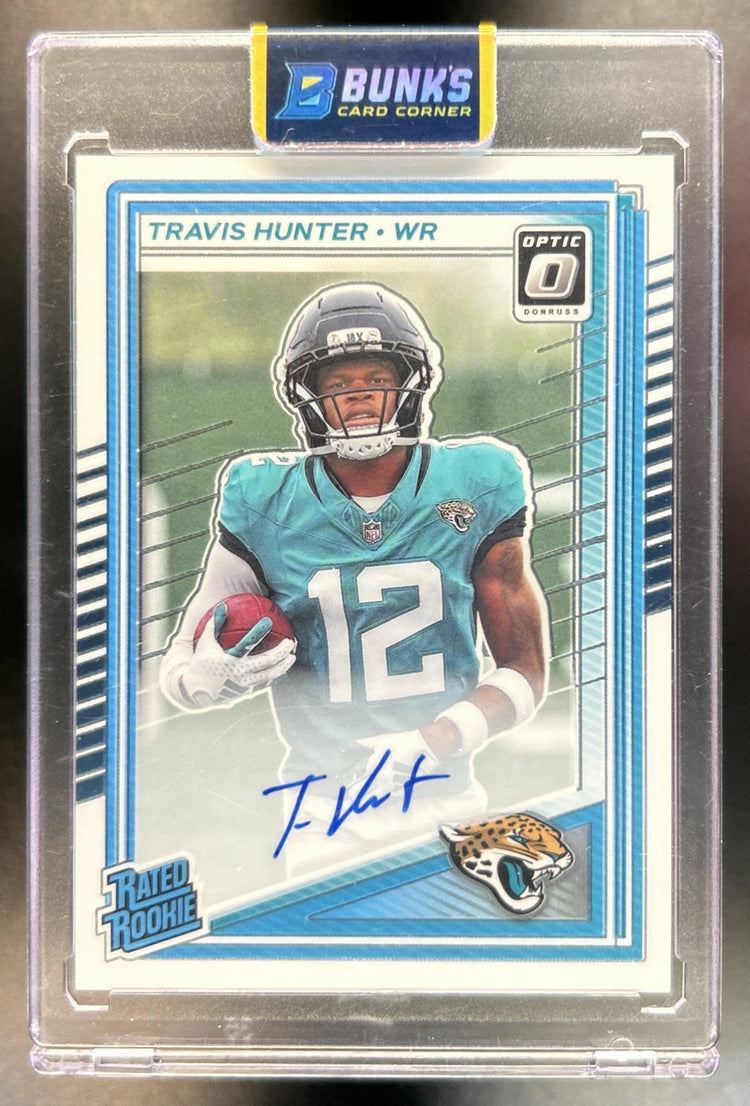 Travis Hunter 2025 Panini Donruss Optic #201 Rated Rookie RPS Auto 151/350 Jaguars
