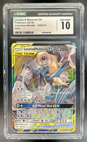 Lucario & Melmetal Tag Team Sun Moon Unbroken Bonds #120/214 Holo CGC 10