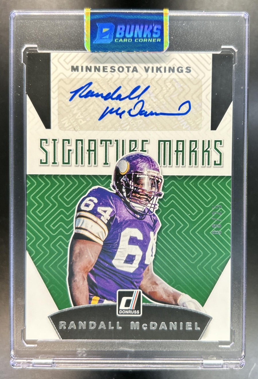 Randall McDaniel 2019 Panini Donruss #SM-1 Signature Marks Green Auto 8/25 Vikings