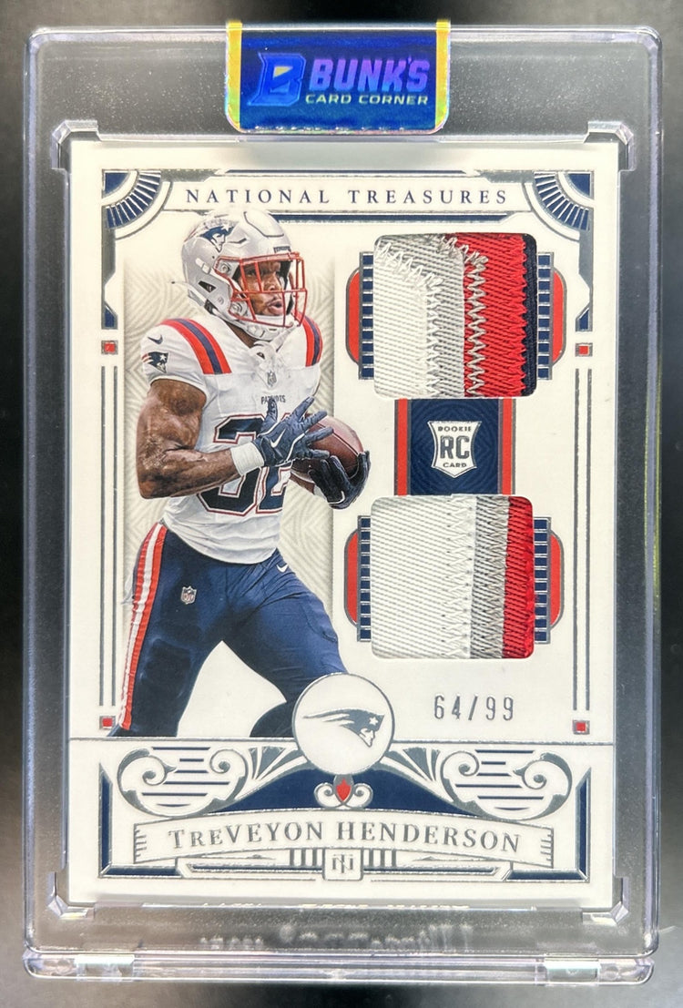 TreVeyon Henderson 2025 Panini National Treasures #10 Rookie Dual Materials 64/99 MEM RC Patriots