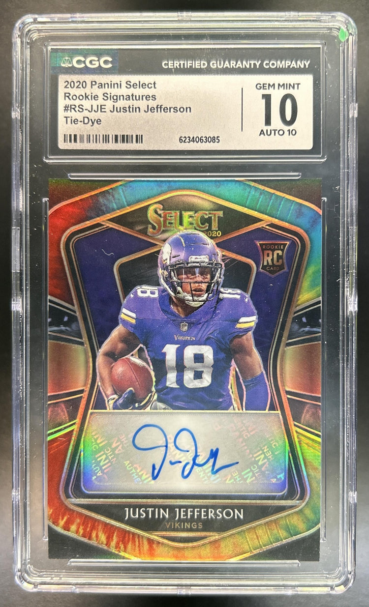 Justin Jefferson 2020 Panini Select #RS-JJE Rookie Signatures Tie Dye Prizm 23/25 Auto RC Vikings CGC 10