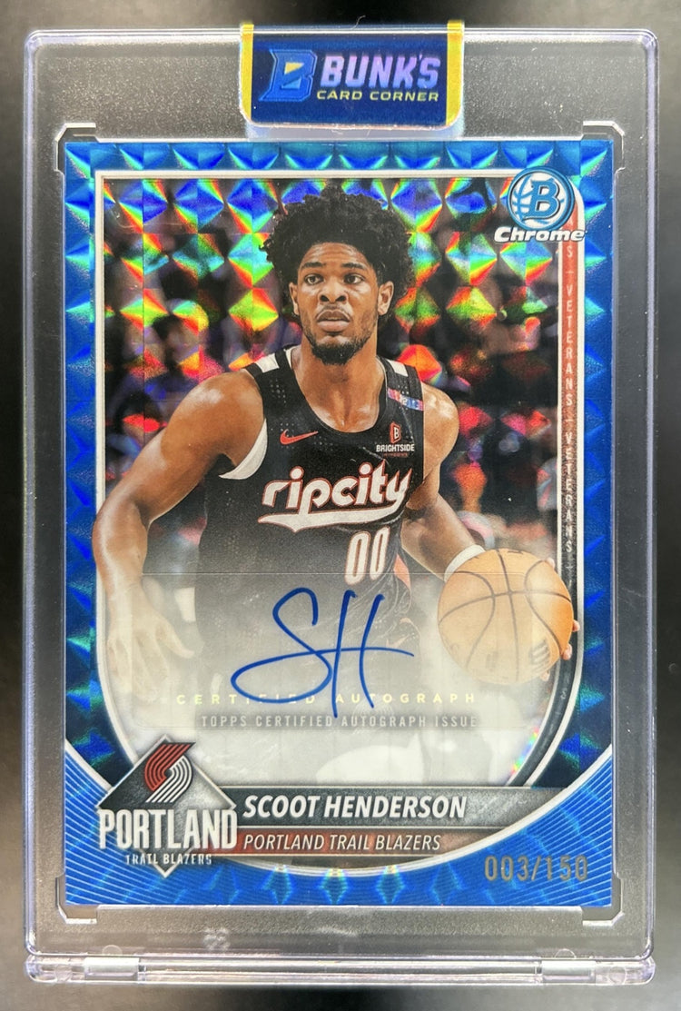 Scoot Henderson 2025-26 Bowman #BCA-SH Chrome Auto Blue Geometric Refractor 3/150 Trail Blazers