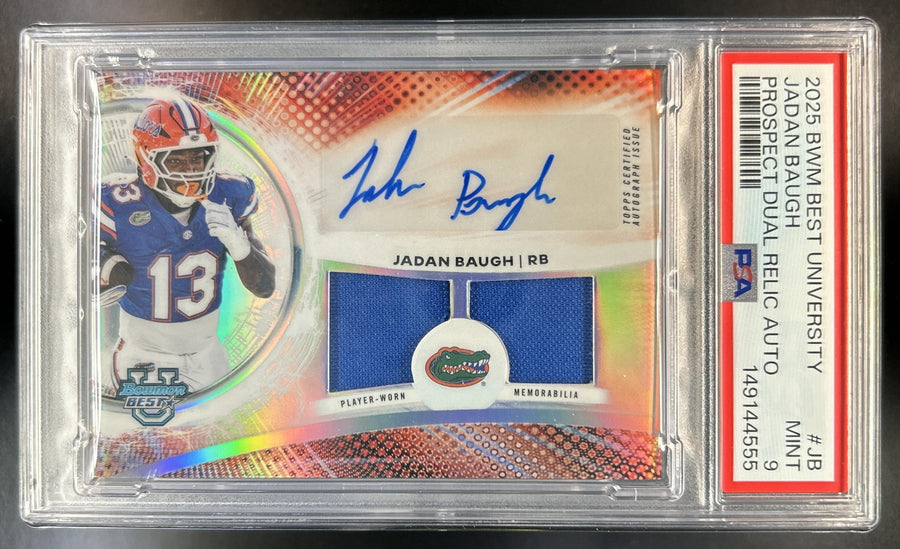 Jadan Baugh 2025 Bowman Best University #DRA-JB Prospect Dual Relic Auto Gators PSA 9