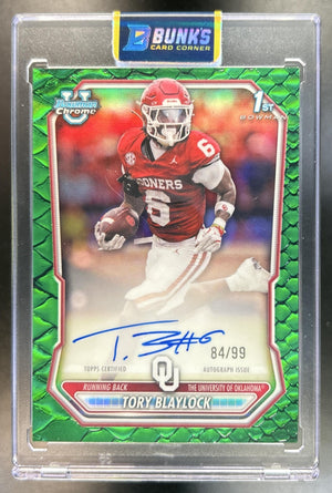 Tory Blaylock 2026 Bowman #BCPA-TBL Chrome Auto Green Reptilian Refractor 84/99 1st Prospect Sooners